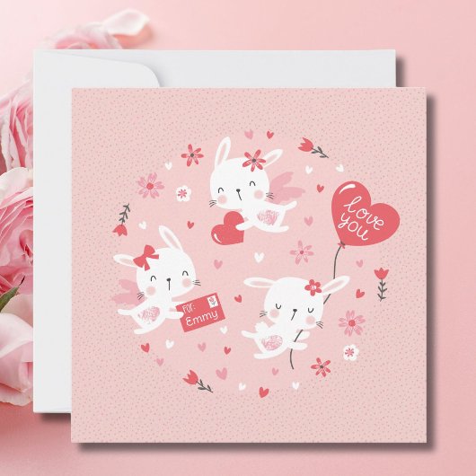 Stomme Valentijnse bunny angels op roze Notitiekaartje