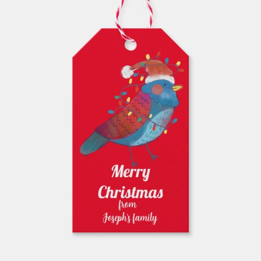 Stomme vogel met kerstlichten cadeaulabel (Voorkant)