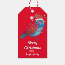 Stomme vogel met kerstlichten cadeaulabel
