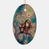 Stomme Whimsical Fairy with Owl and Fireflies Keramisch Ornament (Rechts)