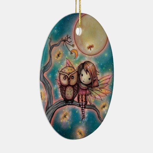 Stomme Whimsical Fairy with Owl and Fireflies Keramisch Ornament (Rechts)
