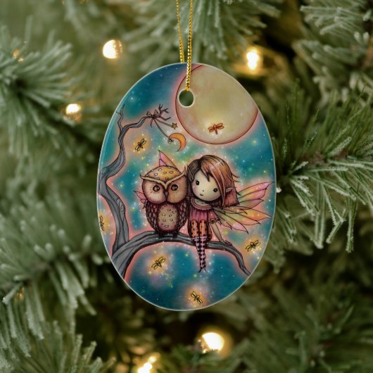 Stomme Whimsical Fairy with Owl and Fireflies Keramisch Ornament (Boom)