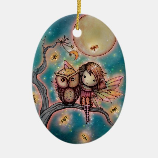 Stomme Whimsical Fairy with Owl and Fireflies Keramisch Ornament (Voorkant)