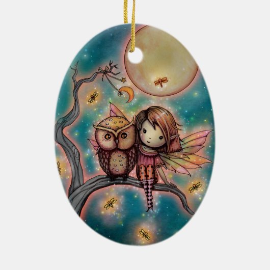 Stomme Whimsical Fairy with Owl and Fireflies Keramisch Ornament (Achterkant)