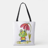 Stomme witte groene kikker onder een rode ventilat tote bag (Achterkant)