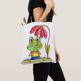 Stomme witte groene kikker onder een rode ventilat tote bag