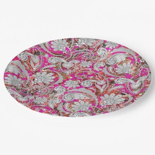 Stomme witte roze paisleypatronen papieren bordje (Gekanteld)