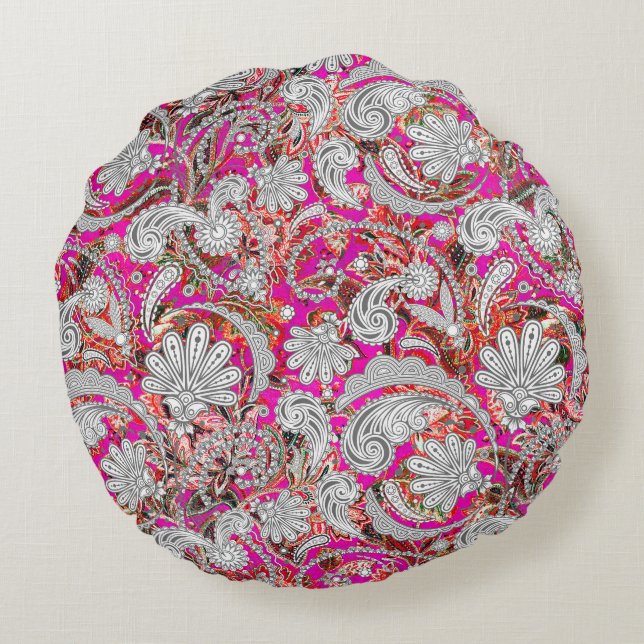 Stomme witte roze paisleypatronen rond kussen (Achterkant)