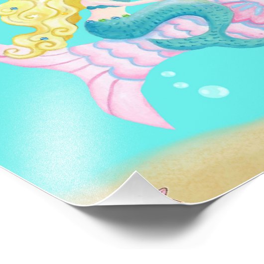 Stomme zeemeermin op roze vis foto afdruk (Hoek)