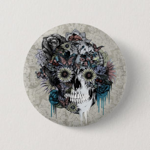 Stomme, zonnebloemoschedel ronde button 5,7 cm