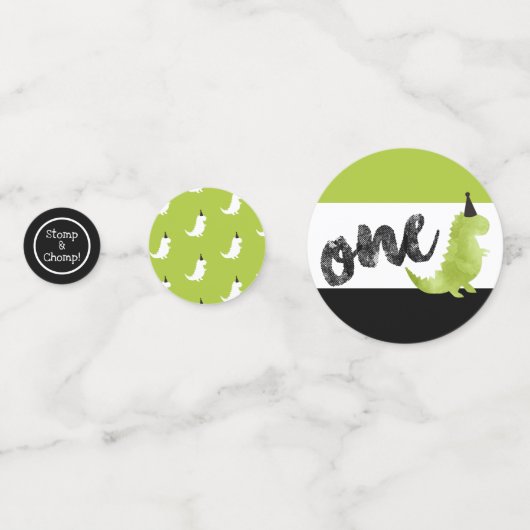 Stomp and Chomp Dinosaur First Birthday Green Dino Confetti (Achterkanten)