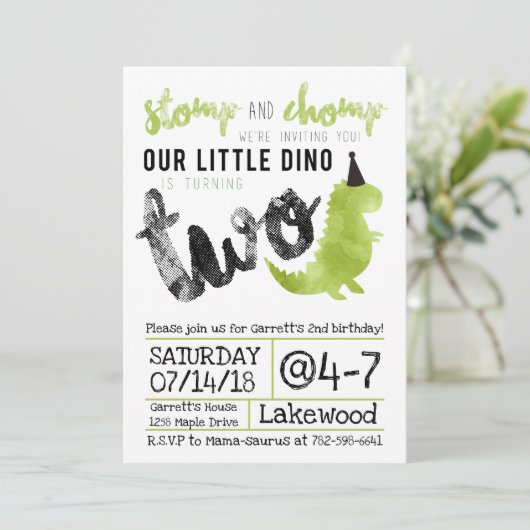 Stomp and Chomp Dinosaur Invitation Dino Invite Kaart (Staand voorkant)