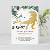 Stomp and Chomp Gold Dinosaur Birthday Kaart (Staand voorkant)
