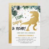 Stomp and Chomp Gold Dinosaur Birthday Kaart (Voorkant / Achterkant)