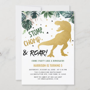 Stomp and Chomp Gold Dinosaur Birthday Kaart