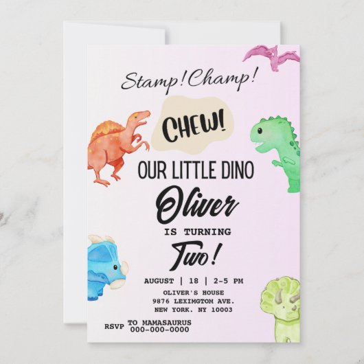 STOMP CHOMP and CHEW Dinosaur Birthday Invitation Kaart (Voorkant)