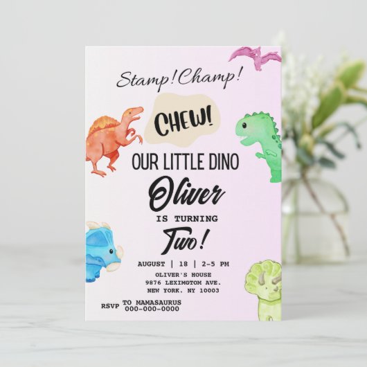 STOMP CHOMP and CHEW Dinosaur Birthday Invitation Kaart (Staand voorkant)