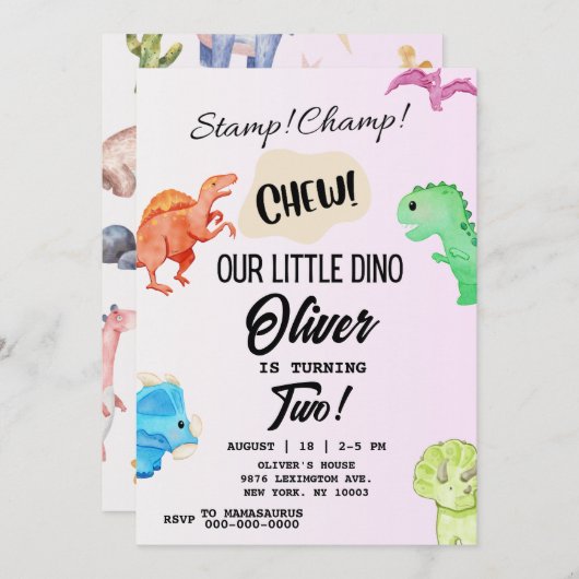 STOMP CHOMP and CHEW Dinosaur Birthday Invitation Kaart (Voorkant / Achterkant)