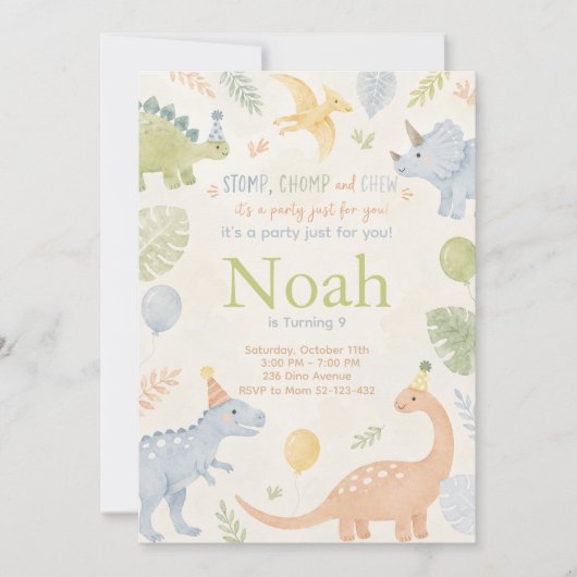 Stomp Chomp And Chew Dinosaur Invitation Editable Kaart (Voorkant)
