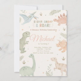 Stomp Chomp And Roar Dinosaur Invitation Editable Kaart