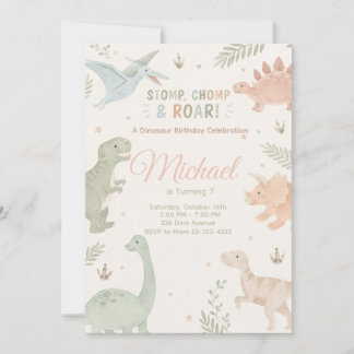 Stomp Chomp And Roar Dinosaur Invitation Editable Kaart