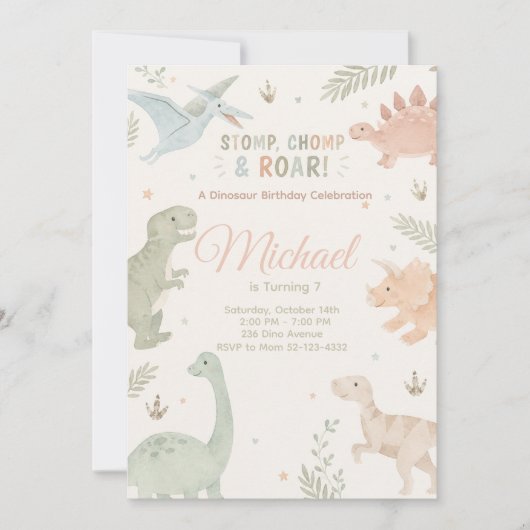 Stomp Chomp And Roar Dinosaur Invitation Editable Kaart (Voorkant)