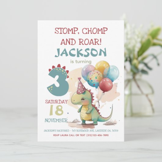 Stomp, Chomp, Chomp Dinosaurus 3e Verjaardagsfeest Kaart (Staand voorkant)