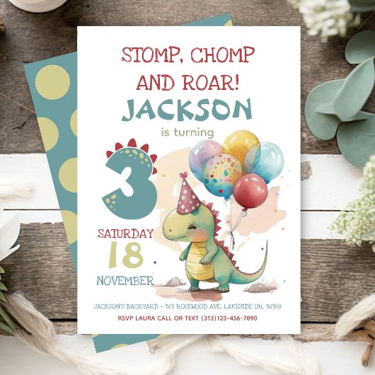 Stomp, Chomp, Chomp Dinosaurus 3e Verjaardagsfeest Kaart