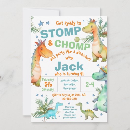 STOMP! CHOMP! Dinosaur Verjaardagsfeest Uitnodigin Kaart (Voorkant)