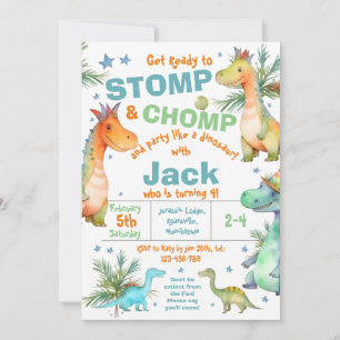 STOMP! CHOMP! Dinosaur Verjaardagsfeest Uitnodigin Kaart
