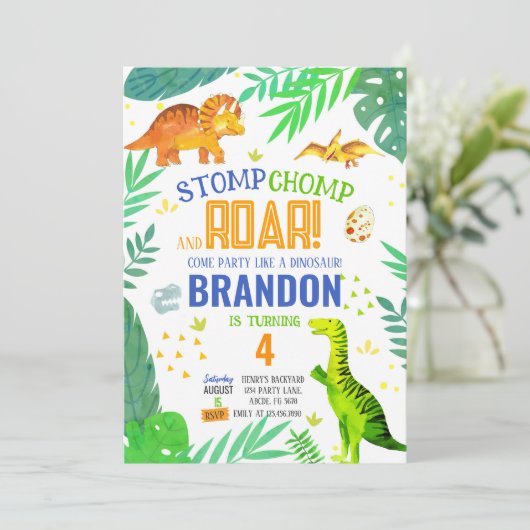 Stomp Chomp En Roar Boy Dinosaurus Verjaardag Kaart (Staand voorkant)