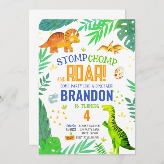 Stomp Chomp En Roar Boy Dinosaurus Verjaardag Kaart (Voorkant / Achterkant)