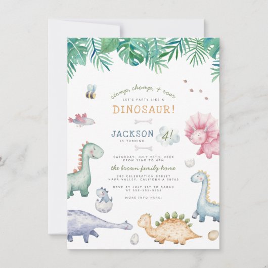 Stomp, Chomp en Roar Dinosaur Boys Birthday Party Kaart (Voorkant)