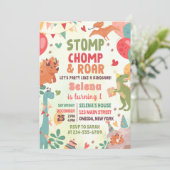Stomp Chomp en Roar Dinosaur verjaardagsfeestje Kaart (Staand voorkant)
