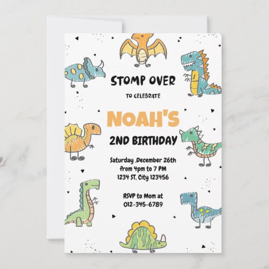 Stomp, Chomp en Roar. Dinosaurs Birthday Party Kaart (Voorkant)
