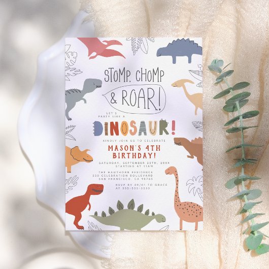 Stomp, Chomp en Roar. Dinosaurs Birthday Party Kaart