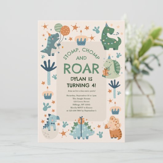 Stomp, Chomp en Roar Dinosaurus Kind jarig Kaart (Staand voorkant)