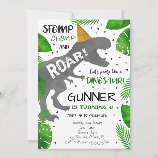 Stomp, Chomp en Roar! Dinosaurus Verjaardag Uitnod Kaart (Voorkant)
