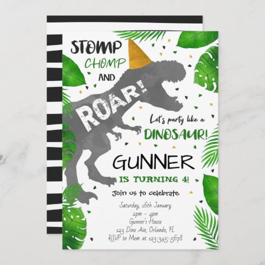 Stomp, Chomp en Roar! Dinosaurus Verjaardag Uitnod Kaart (Voorkant / Achterkant)