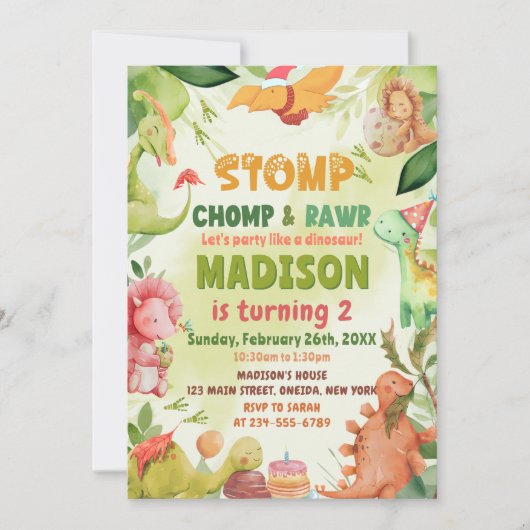 Stomp Chomp en Roar Greenery Dinosaurus Verjaardag Kaart (Voorkant)