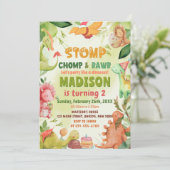 Stomp Chomp en Roar Greenery Dinosaurus Verjaardag Kaart (Staand voorkant)