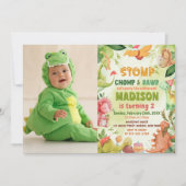 Stomp Chomp en Roar Greenery Dinosaurus Verjaardag Kaart (Voorkant)