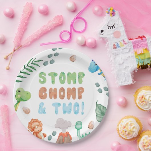 Stomp, Chomp, en twee dinosaurus Waterverf verjaar Papieren Bordje (Feest)