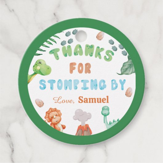 Stomp, Chomp en twee Waterverf Dinosaurus Verjaard Bedankjes Labels (Voorkant)