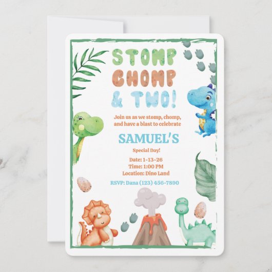 Stomp, Chomp en twee Waterverf Dinosaurus Verjaard Kaart (Voorkant)