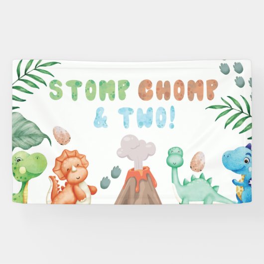 Stomp, Chomp en twee Waterverf Dinosaurus Verjaard Spandoek (Horizontaal)