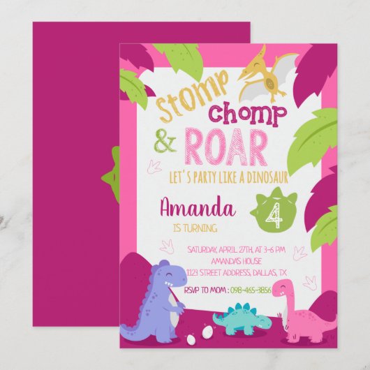 Stomp & Chomp Girl Dinosaur Birthday Uitnodiging (Voorkant / Achterkant)
