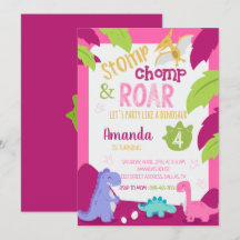 Stomp & Chomp Girl Dinosaur Birthday Uitnodiging