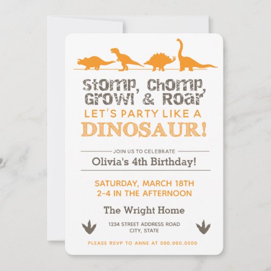 Stomp Chomp Growl and Roar Dinosaur Birthday Kaart (Voorkant)