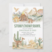Stomp Chomp Rawr Boy Dinosaur 1st Birthday Party Kaart (Voorkant)